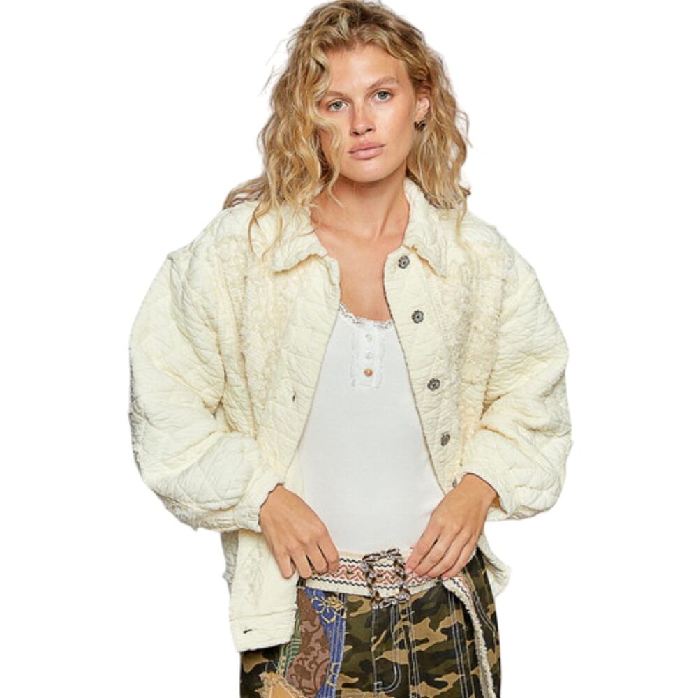 NWT POL Women’s Boho Quilted Floral Button Front Cream Jacket